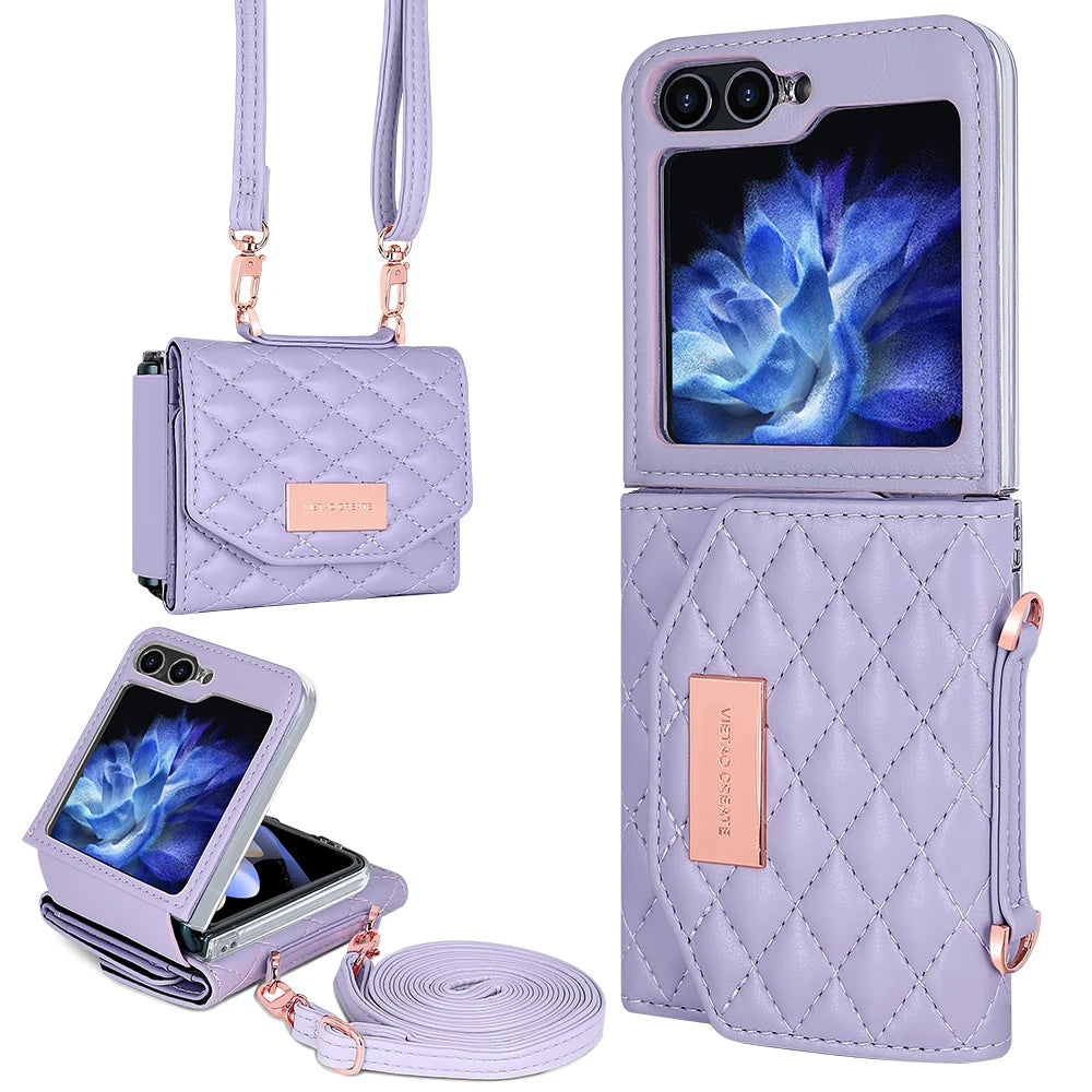 VIETAO Crossbody Strap Card Slot Purse Phone Case for for Z Flip 6 Pu Leather PC Luxury Shockproof with Phone Stand