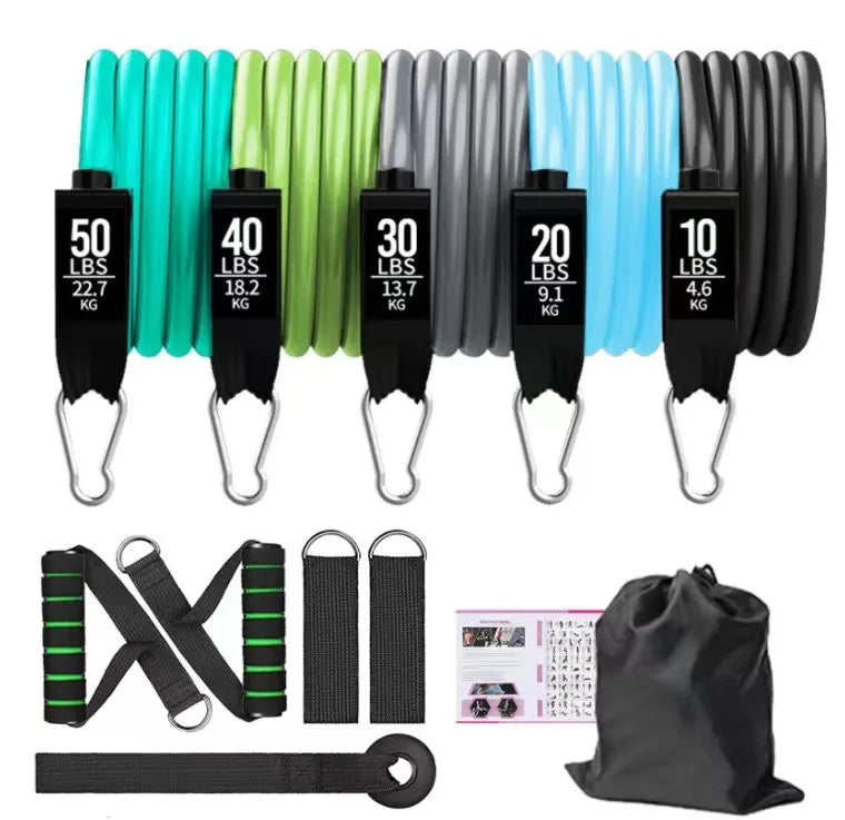 Dinuo Custom Logo Resistance Bands Gym Pull up Set 11pcs  150LB Tube Bands Kits with 2 Sections Pilates Bar