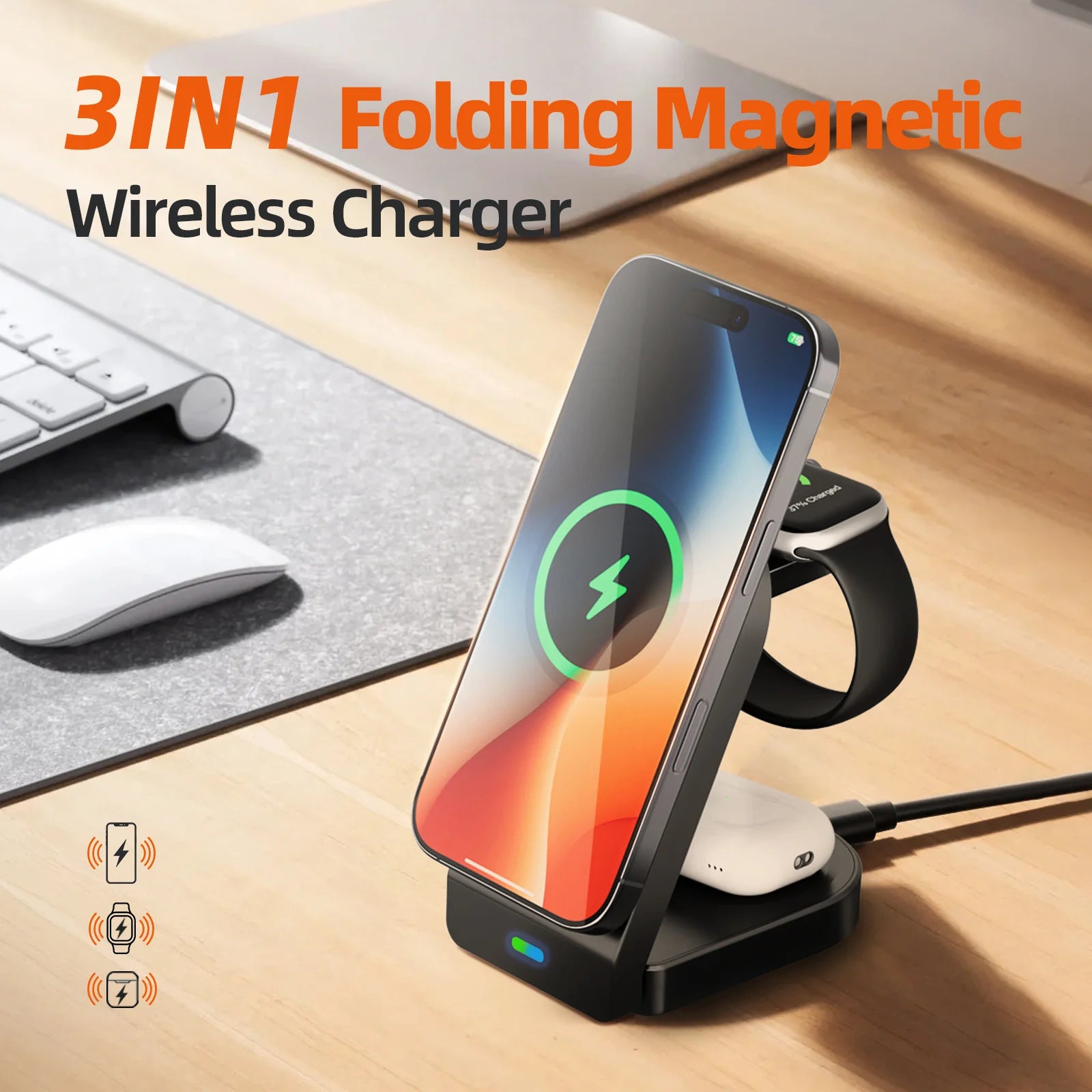 Wholesale Foldable Magnetic 15W 3-in-1 Wireless Charger Portable Fast Charging Dock Holder for AirPods IWatch for iPhone 10W