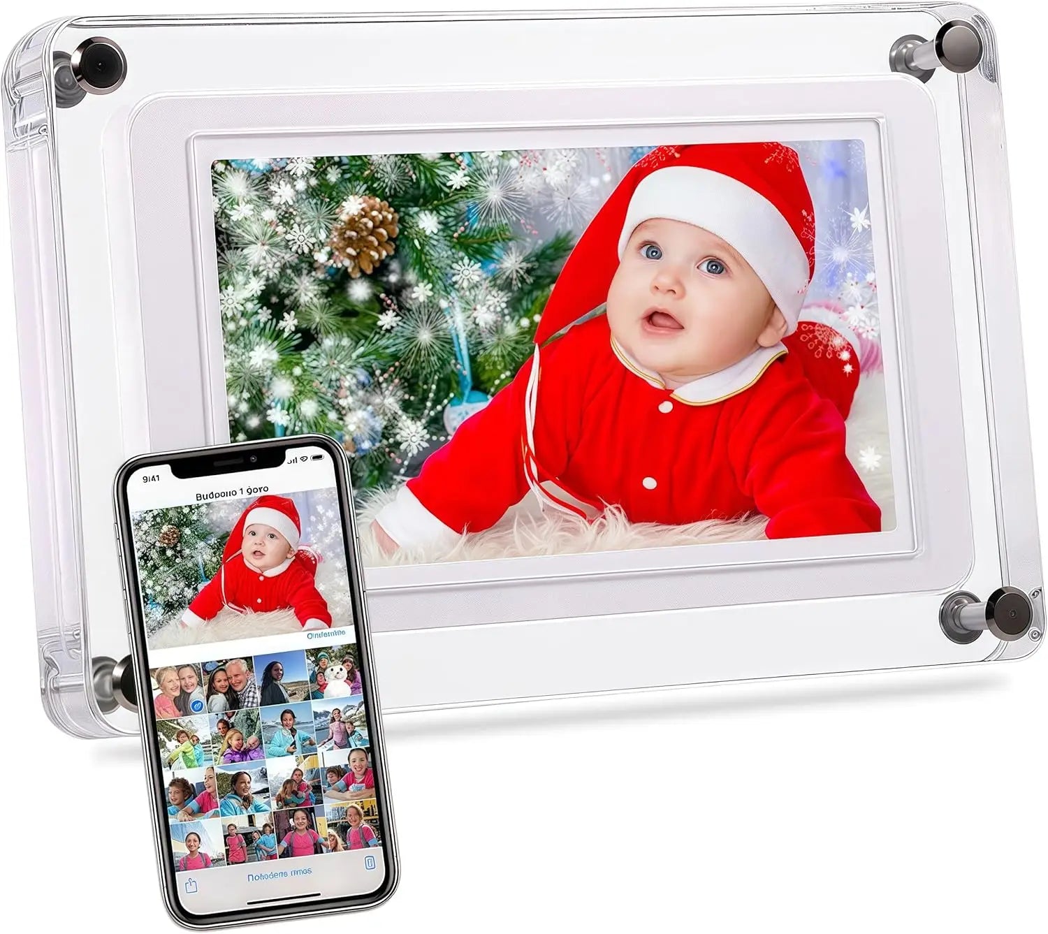 Frameo 5 Inch WiFi Digital Picture Frame Acrylic Body 32GB Memory 1280x800 IPS LCD Touch Screen Video Format AVI Clock Function