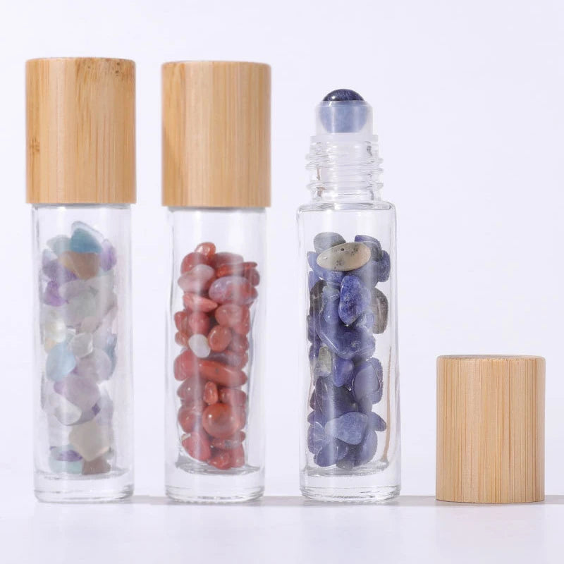10Pcs 10ml Roll On Bottle Essential Oil Natural Jade Roller Bottles with Crystal Chip Glass Travel Refillable Bottle Containers