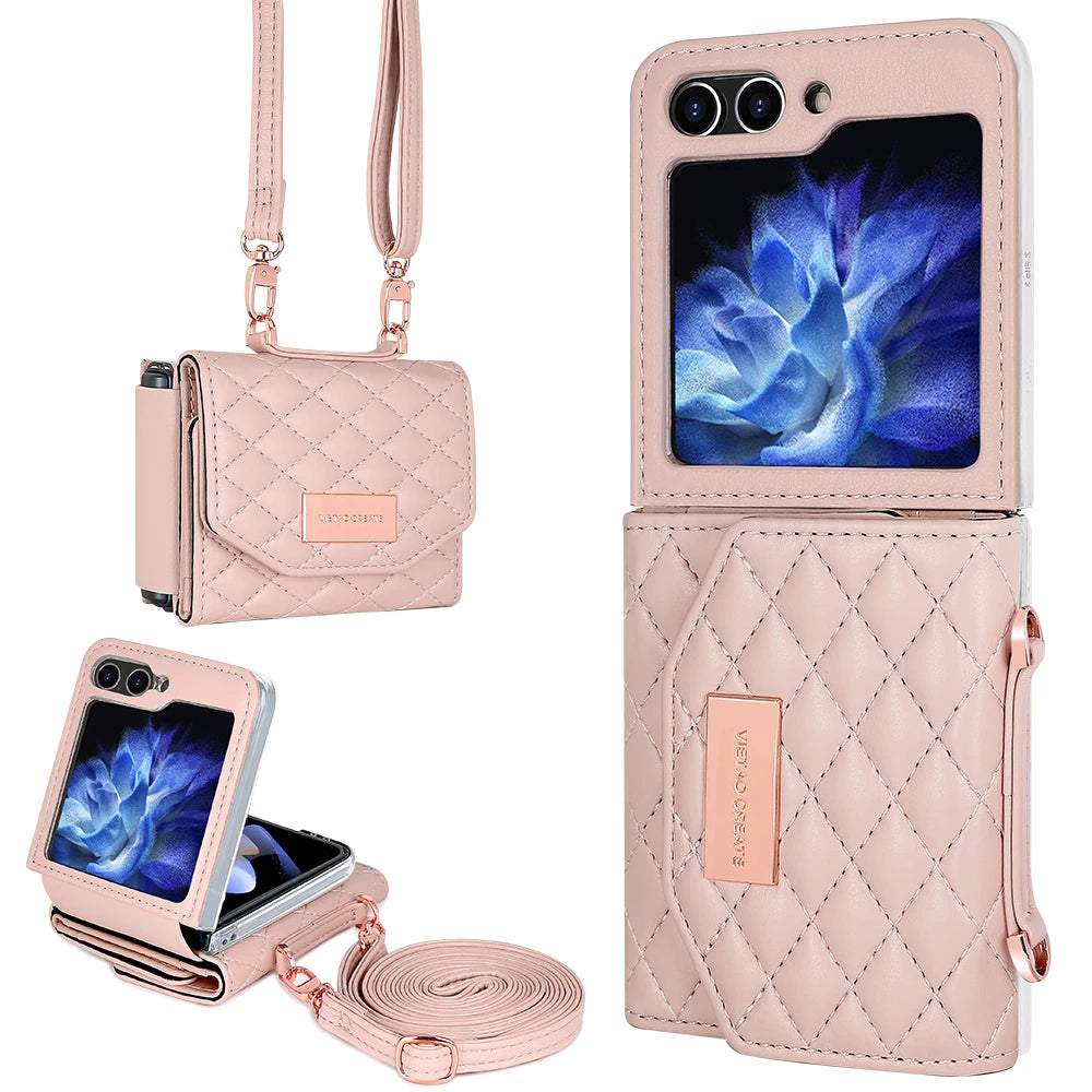 VIETAO Crossbody Strap Card Slot Purse Phone Case for for Z Flip 6 Pu Leather PC Luxury Shockproof with Phone Stand