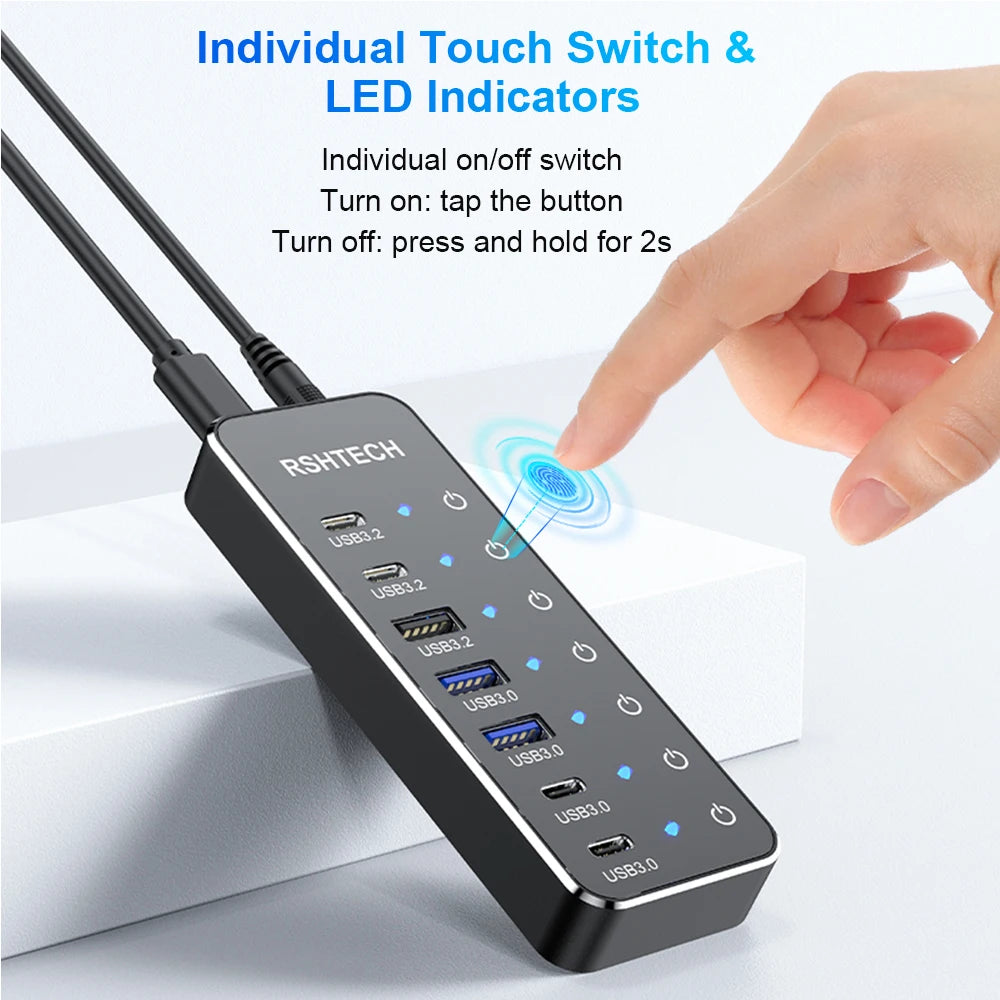 New Design Usb Por Hub With Individual On/Off Switches and Lights 7 Output Usb C Hub