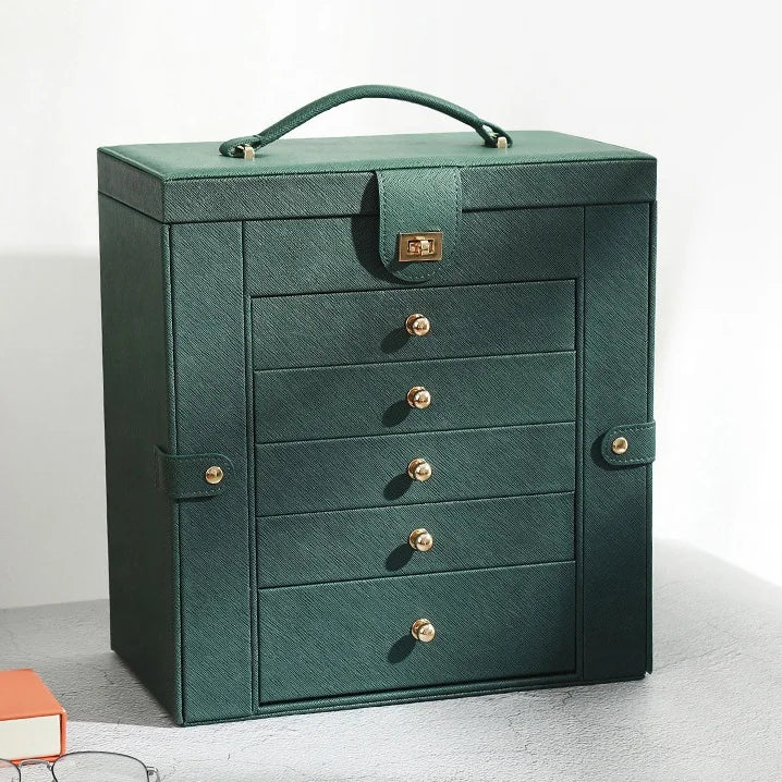 5 Layer Leather Jewelry Storage Box with Drawers Big Jewelry Organizer Case for Necklace Ring Earring Watch