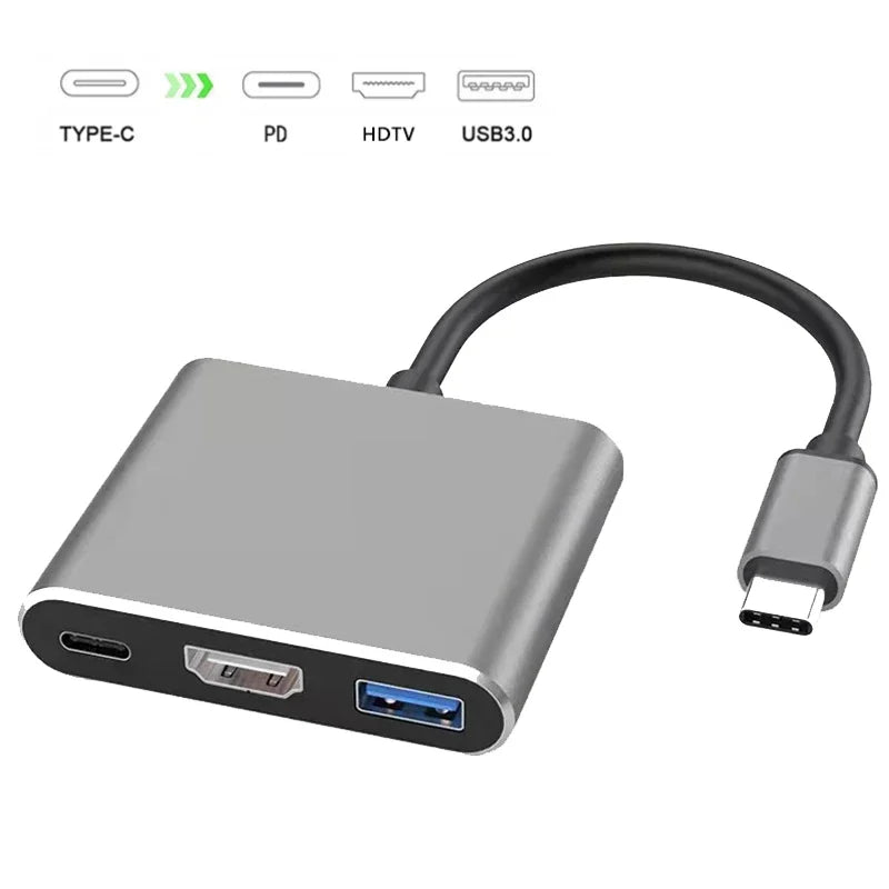 3 in 1 Usb-C Hub Male to Female HDTV-Compatible 4k Type-C to Usb 3.0 Charging Adapter for Laptop Computer Phone Converter