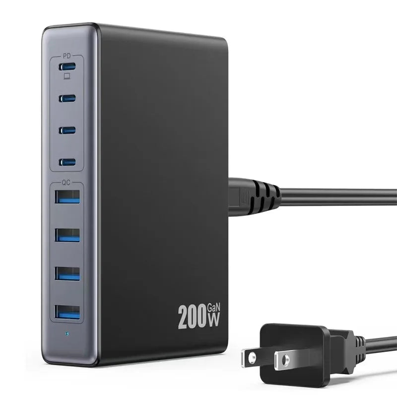 200W High Power GaN Charger Adapter USB Fast Charging Station Hub for Laptop Mobile Phones PD 3.0 QC4.0 Functional OTP Protected