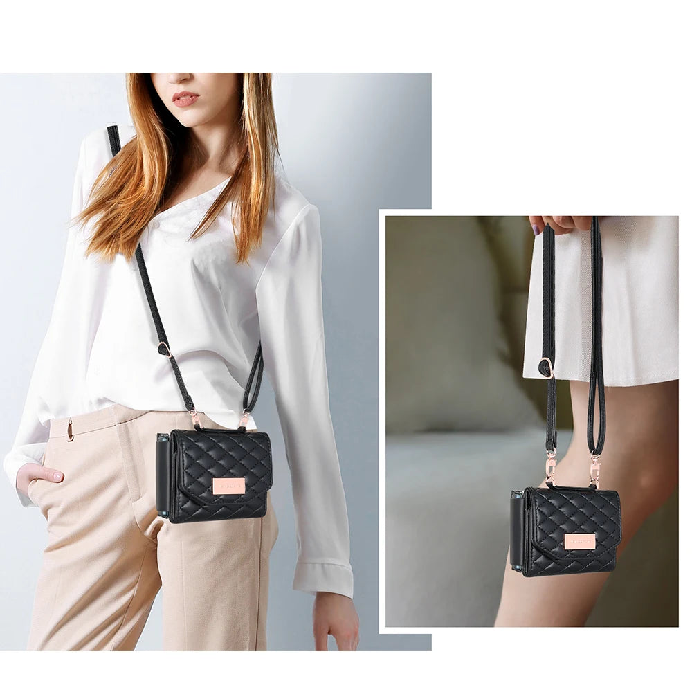 VIETAO Crossbody Strap Card Slot Purse Phone Case for for Z Flip 6 Pu Leather PC Luxury Shockproof with Phone Stand