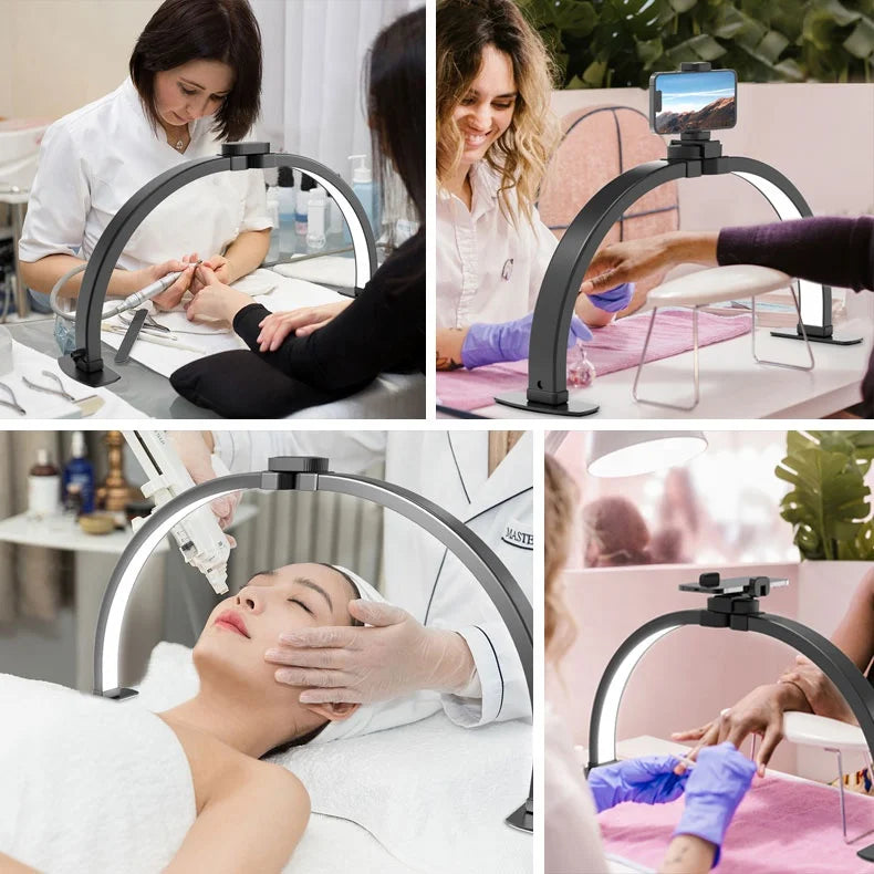 Folding Arch Half Moon Ring Light Beauty Clinic Manicure 3 Lighting Modes Stepless Dimmable Led Nail Desk Lamp With Phone Stand