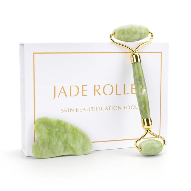 Natural Rose Quartz Jade Roller Gua Sha Set Facial Body Massager Roller Jade Stone Massage Set Face Lifting Beauty Massage Tool