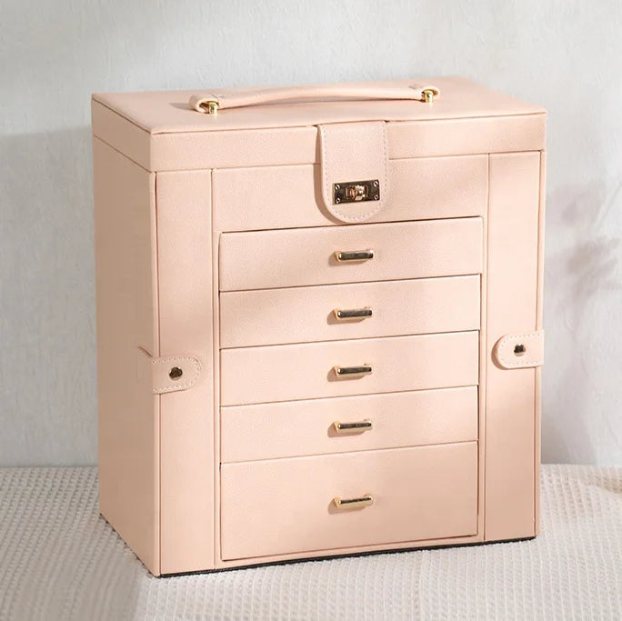 5 Layer Leather Jewelry Storage Box with Drawers Big Jewelry Organizer Case for Necklace Ring Earring Watch