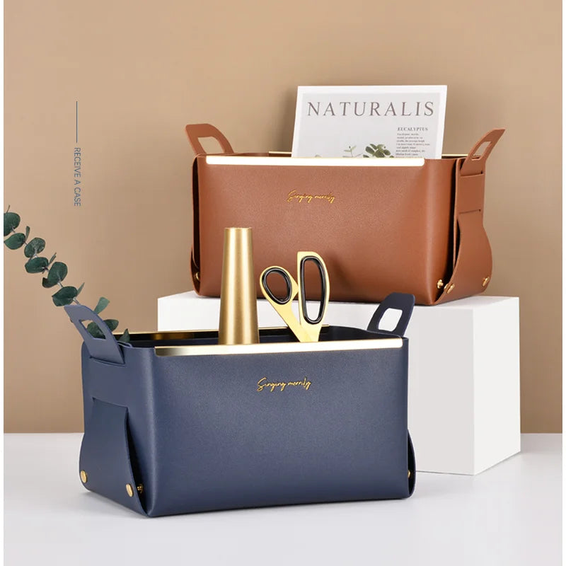 YY Metal Edge Leather Storage Basket Foldable Storage Baskets Organizer Cosmetics Sundries Container Basket Gifts for Toy