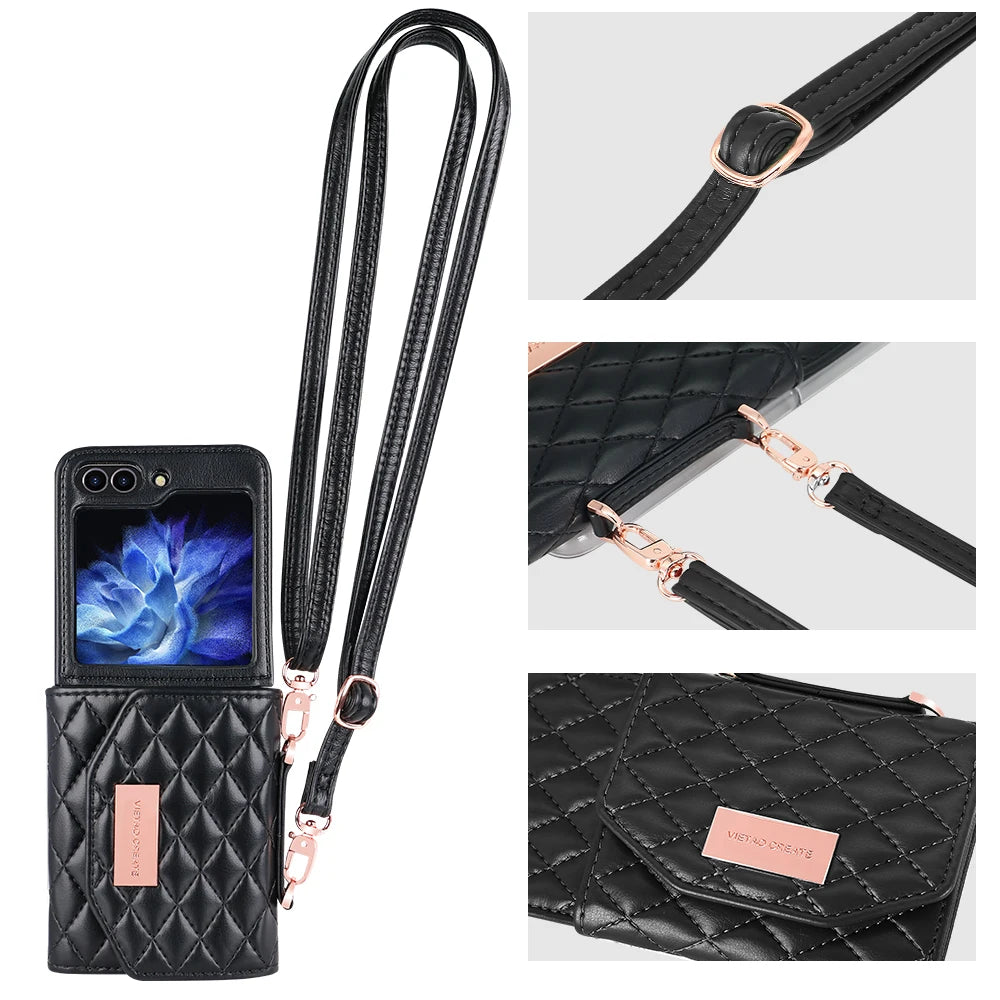 VIETAO Crossbody Strap Card Slot Purse Phone Case for for Z Flip 6 Pu Leather PC Luxury Shockproof with Phone Stand