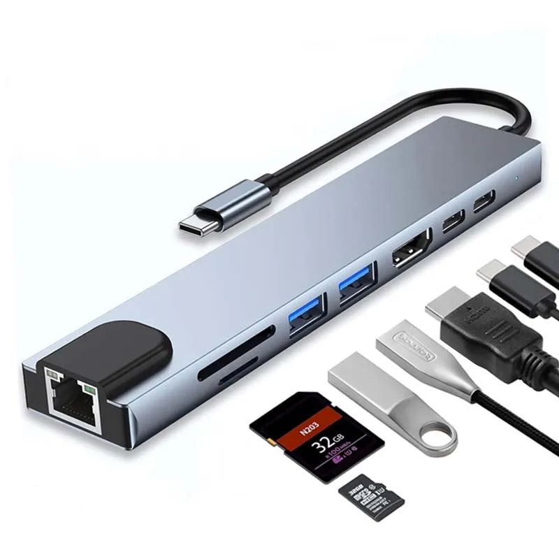 USB Type c Hub 8 in 1 Compatible USB C Hub 8 Port Multi Function Con Ethernet for  Laptops