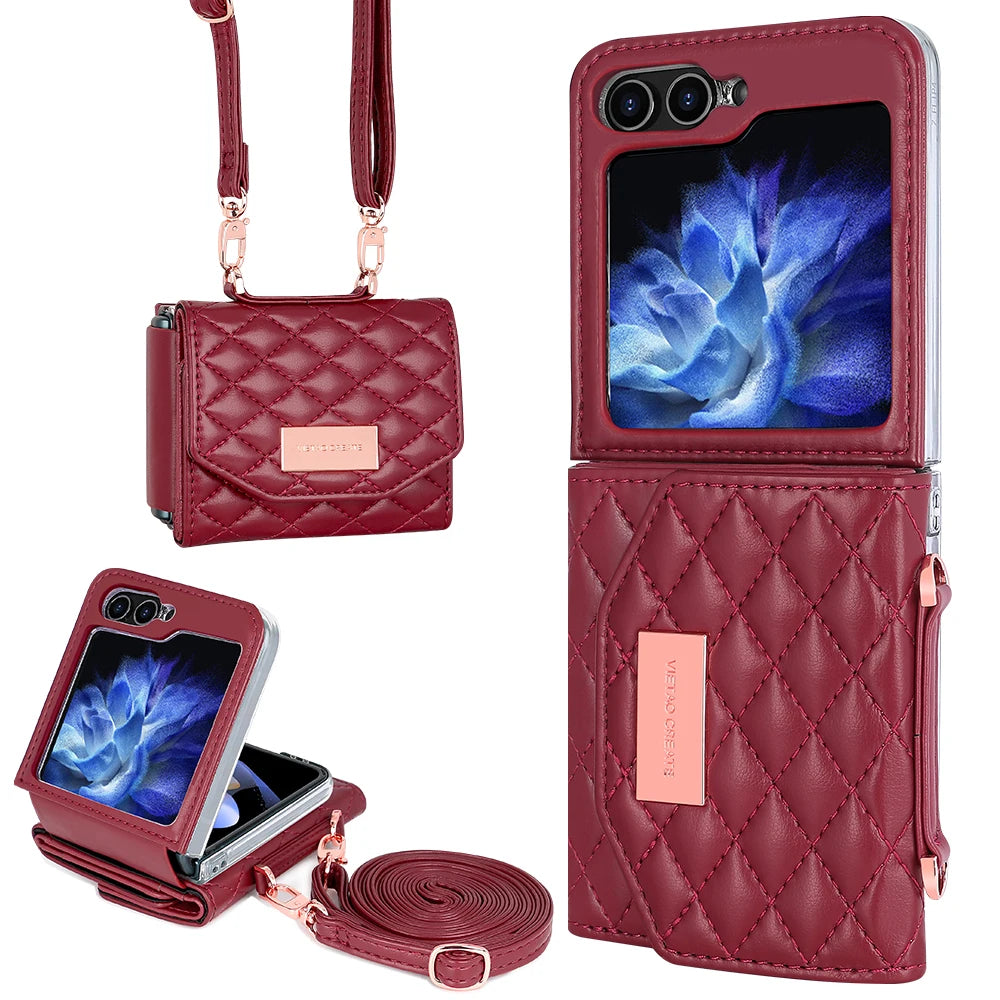 VIETAO Crossbody Strap Card Slot Purse Phone Case for for Z Flip 6 Pu Leather PC Luxury Shockproof with Phone Stand