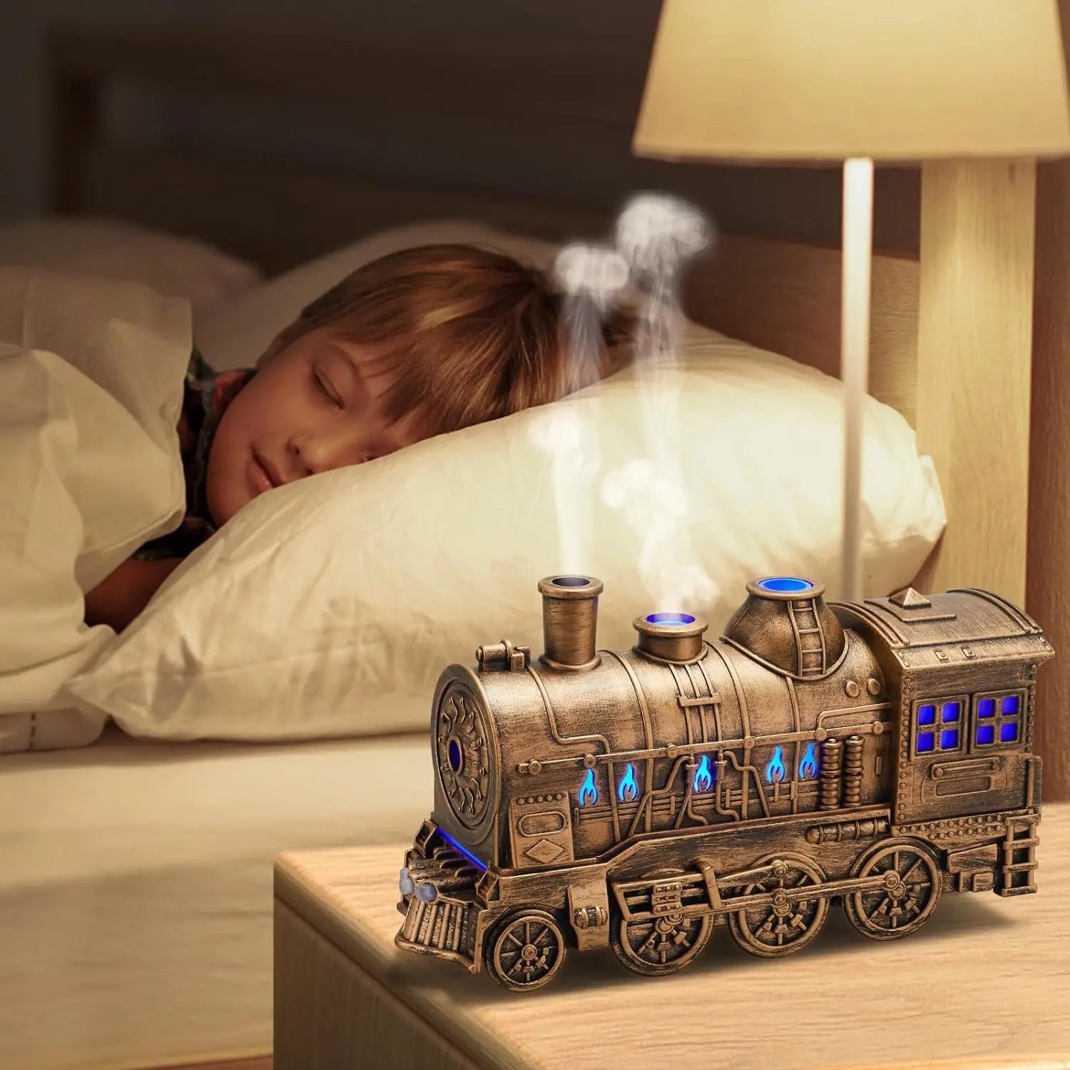 300ml Retro Train Humidifier 2-Light 2-Mist Mode Essential Oil Diffuser Easy Installation Mini Plug US Magic Train for Bedroom