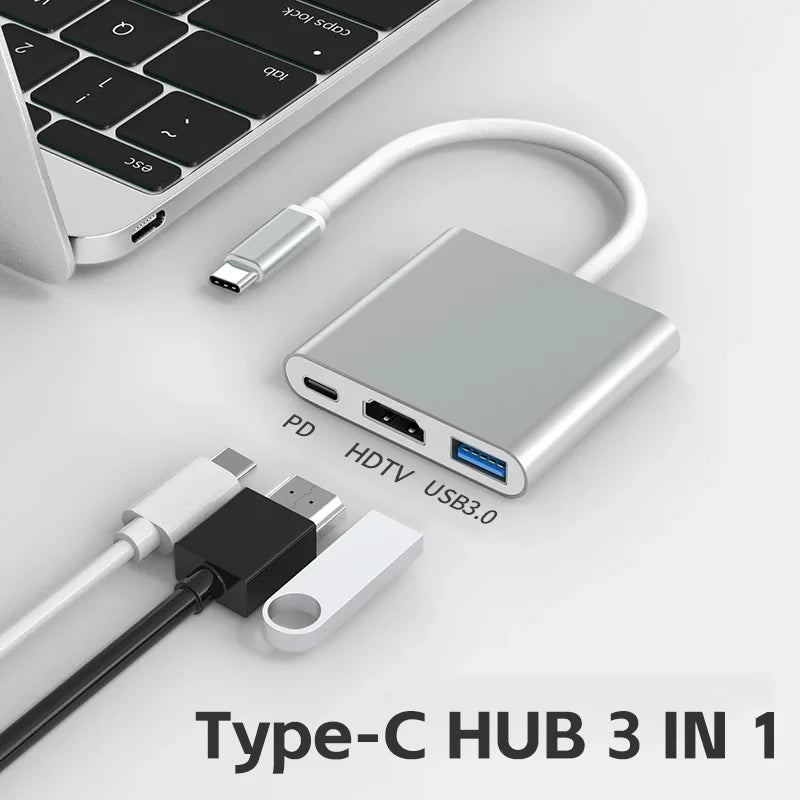 3 in 1 Usb-C Hub Male to Female HDTV-Compatible 4k Type-C to Usb 3.0 Charging Adapter for Laptop Computer Phone Converter