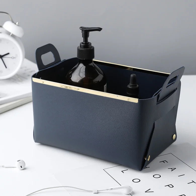 YY Metal Edge Leather Storage Basket Foldable Storage Baskets Organizer Cosmetics Sundries Container Basket Gifts for Toy