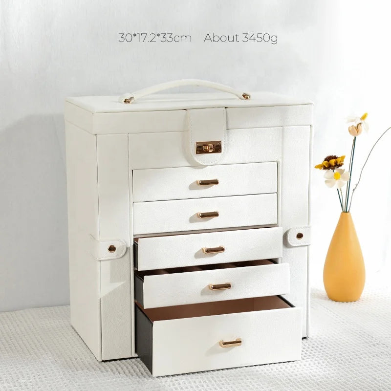 5 Layer Leather Jewelry Storage Box with Drawers Big Jewelry Organizer Case for Necklace Ring Earring Watch