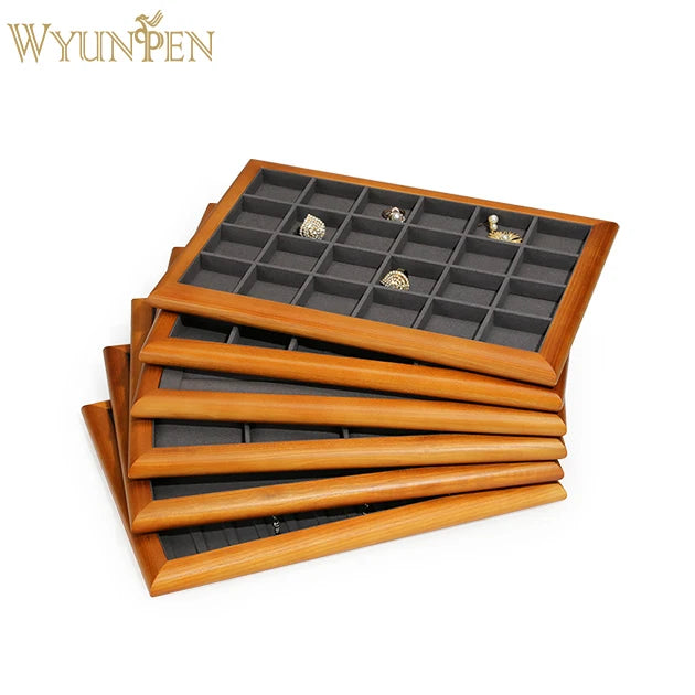 WYP  Grids Wood Jewelry Organizer Tray Stackable Jewelry Drawer Tray Watch Showcase Display Storage