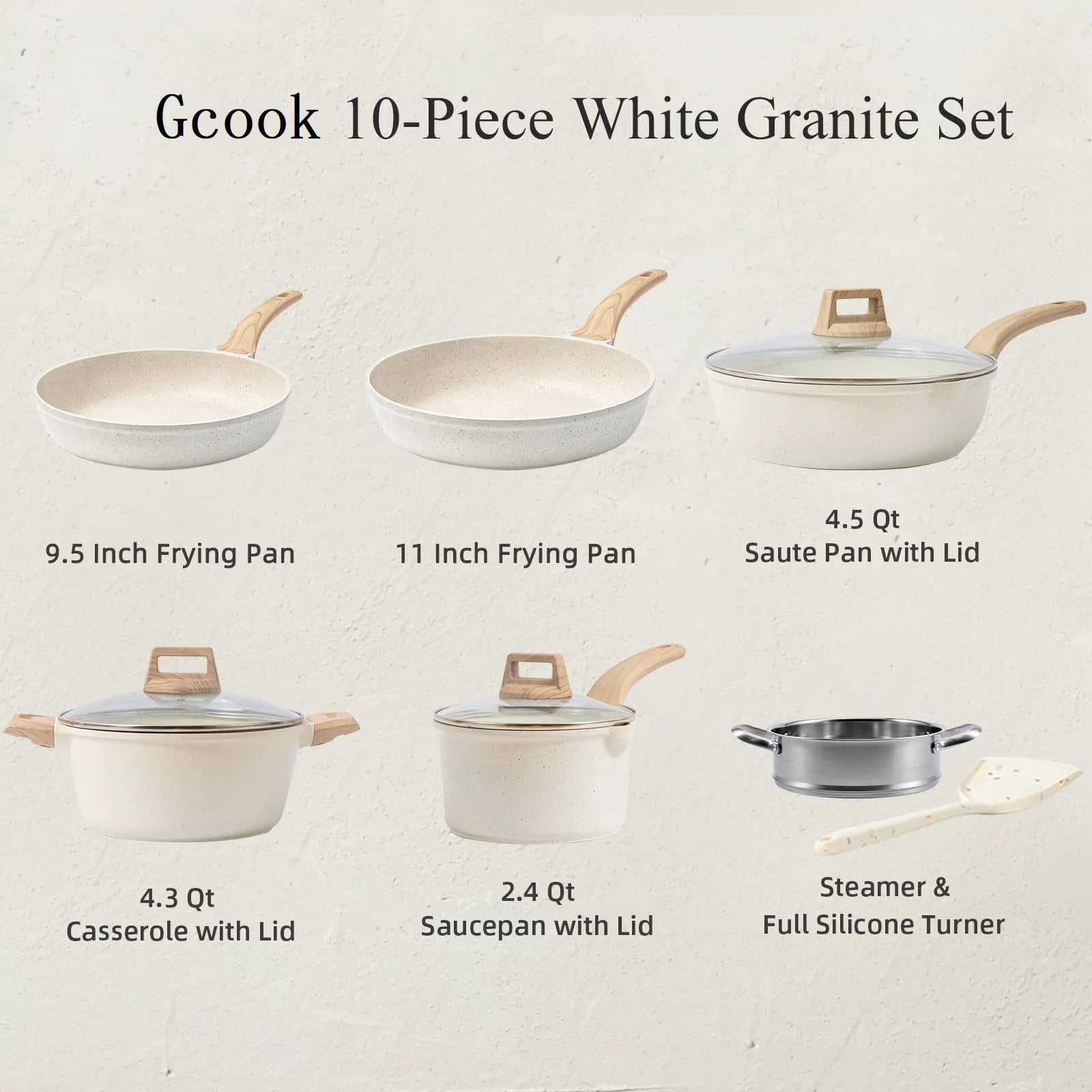Gcook 10pcs Set Nonstick Pots and Pans Kitchen Aluminum Kitchenware Cook Cooking Pot Set With Glass Lid and Shovel