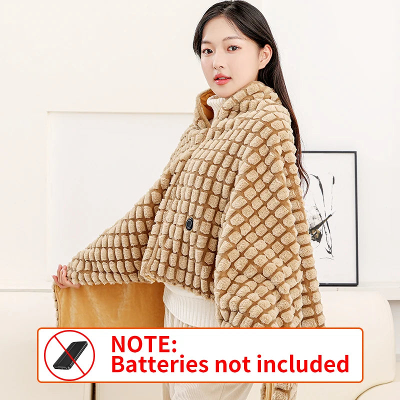 USB Cordless Electric Heated Blanket 3 Heat Settings Washable Winter Shawl Wrap Wearable Heated Blanket
