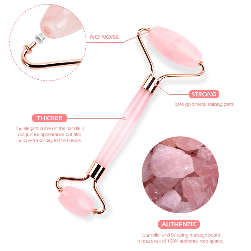 Natural Rose Quartz Jade Roller Gua Sha Set Facial Body Massager Roller Jade Stone Massage Set Face Lifting Beauty Massage Tool