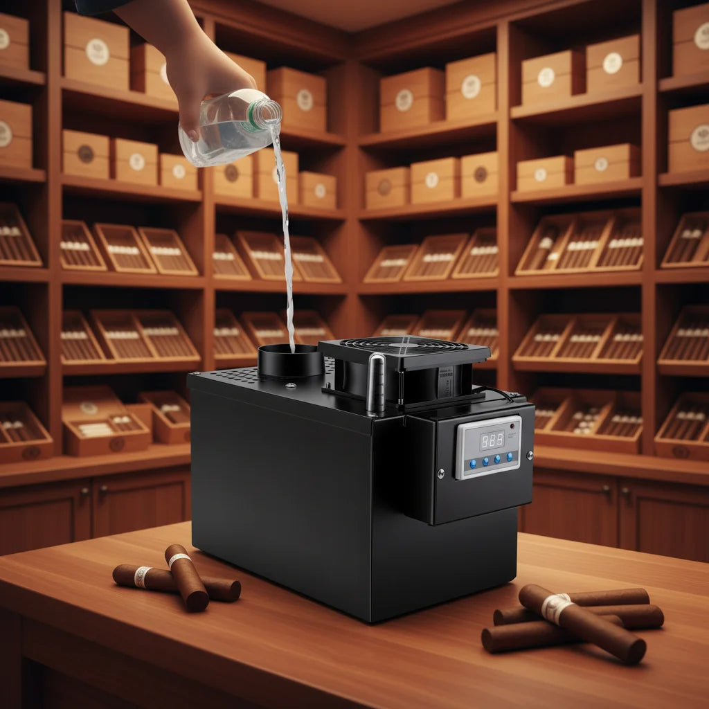 Customized Electric Evaporative Metal Cigar Cabinet Elegant Luxury Mini Desktop Smart Humidifier 10L Capacity 1 Year Hotel