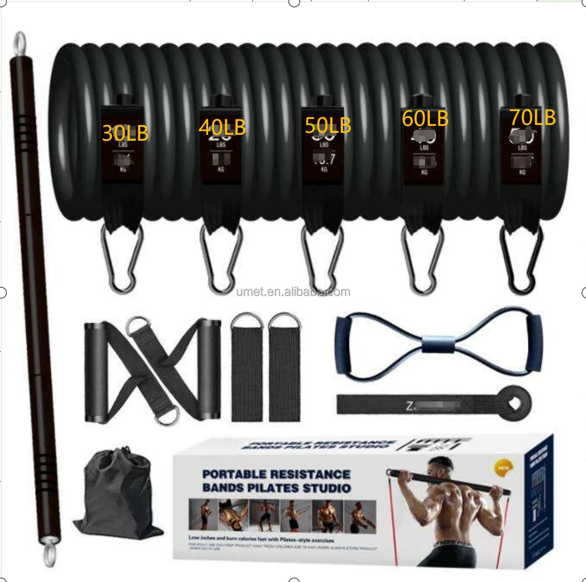 Dinuo Custom Logo Resistance Bands Gym Pull up Set 11pcs  150LB Tube Bands Kits with 2 Sections Pilates Bar