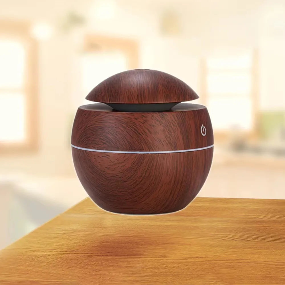 Portable Led Round Wood Grain 200ml Mini Humidifier Purifier Ultrasonic Aroma Diffuser air Humidifier with 7 Colors Led Light