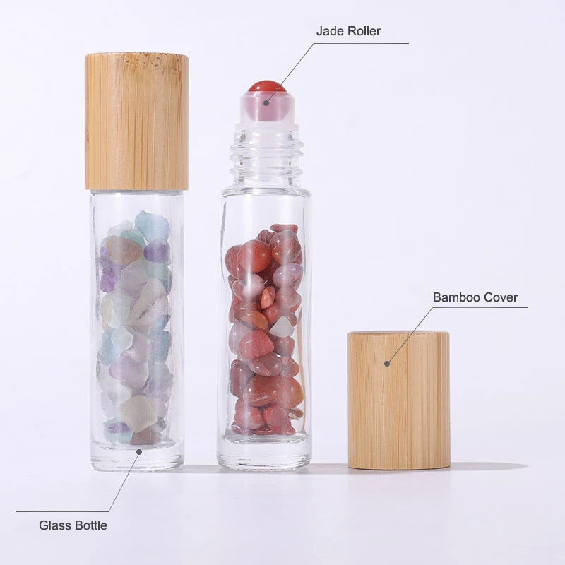10Pcs 10ml Roll On Bottle Essential Oil Natural Jade Roller Bottles with Crystal Chip Glass Travel Refillable Bottle Containers