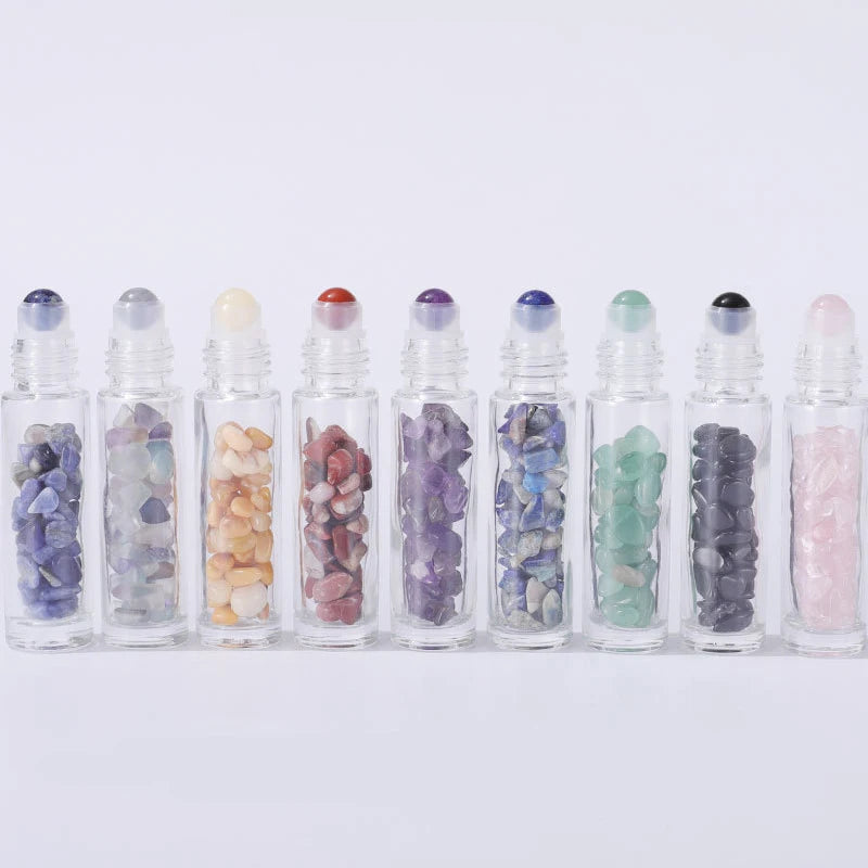 10Pcs 10ml Roll On Bottle Essential Oil Natural Jade Roller Bottles with Crystal Chip Glass Travel Refillable Bottle Containers