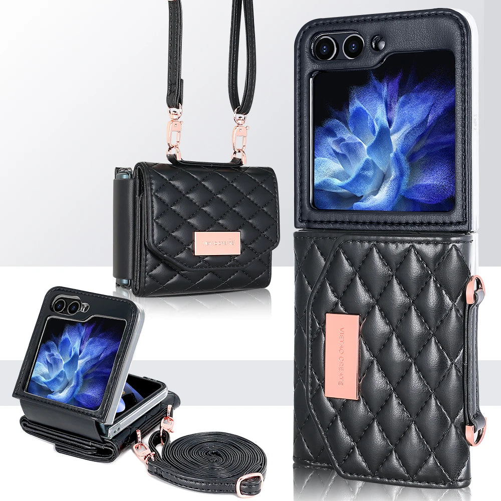 VIETAO Crossbody Strap Card Slot Purse Phone Case for for Z Flip 6 Pu Leather PC Luxury Shockproof with Phone Stand