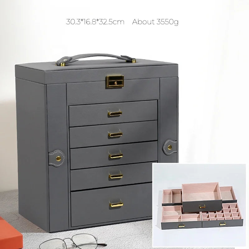 5 Layer Leather Jewelry Storage Box with Drawers Big Jewelry Organizer Case for Necklace Ring Earring Watch