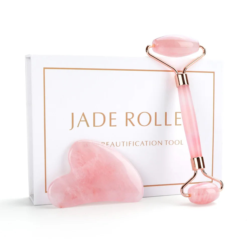 Natural Rose Quartz Jade Roller Gua Sha Set Facial Body Massager Roller Jade Stone Massage Set Face Lifting Beauty Massage Tool