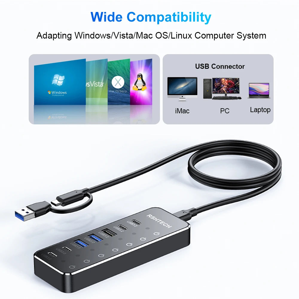 New Design Usb Por Hub With Individual On/Off Switches and Lights 7 Output Usb C Hub