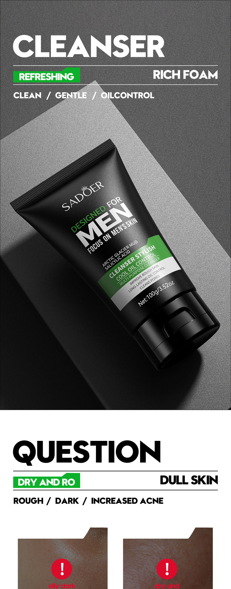 Deep Cleansing Facial Cleanser for Men Oil Control & Moisturizing Blackhead Removal & Pore Minimizer Acne Scar Care & Gentle