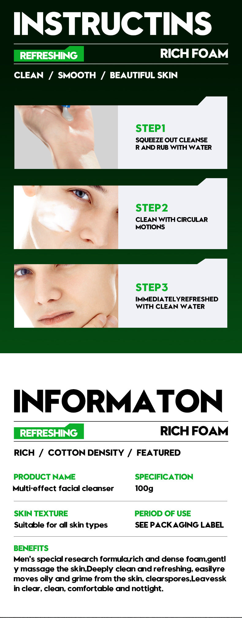 Deep Cleansing Facial Cleanser for Men Oil Control & Moisturizing Blackhead Removal & Pore Minimizer Acne Scar Care & Gentle