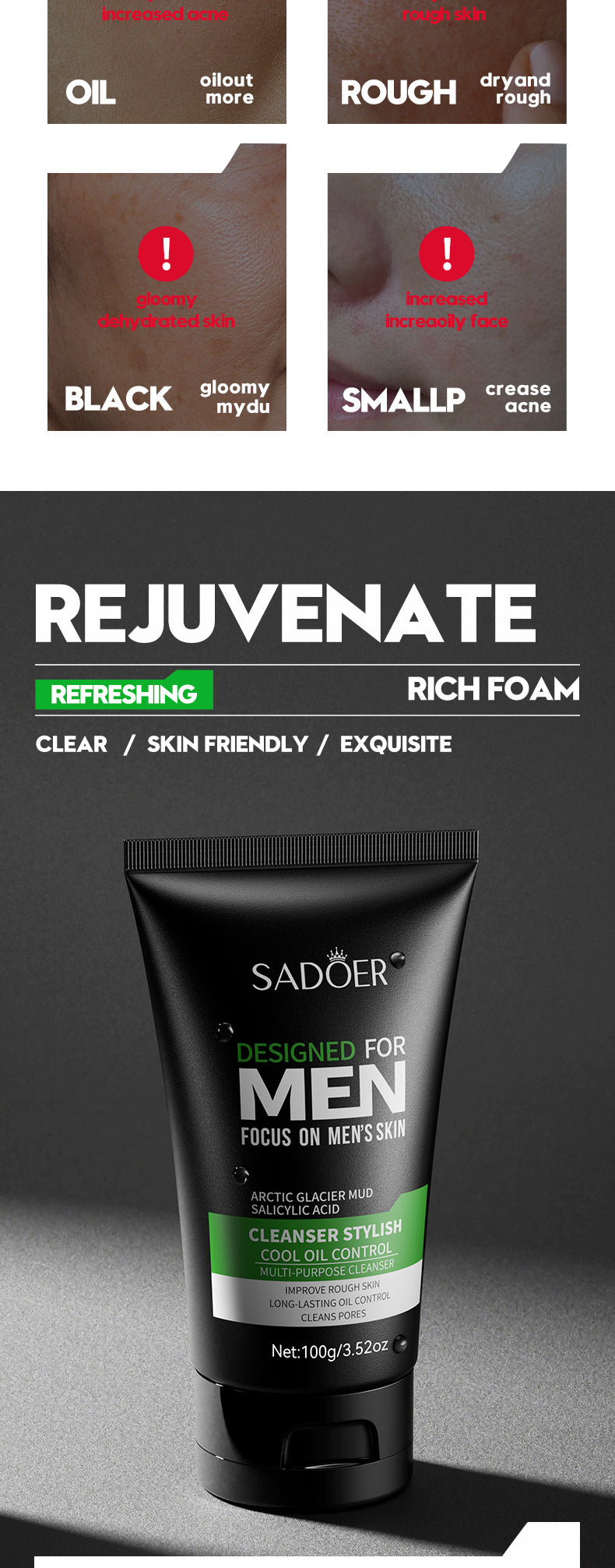Deep Cleansing Facial Cleanser for Men Oil Control & Moisturizing Blackhead Removal & Pore Minimizer Acne Scar Care & Gentle