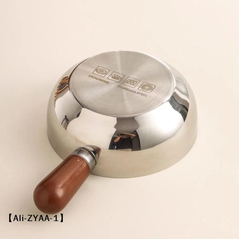 【A】17cm/14cm Stainless Steel Cooking Pans With Wooden Handle & Glass Lid - Multi-Purpose Small Pots For Noodles And Eggs