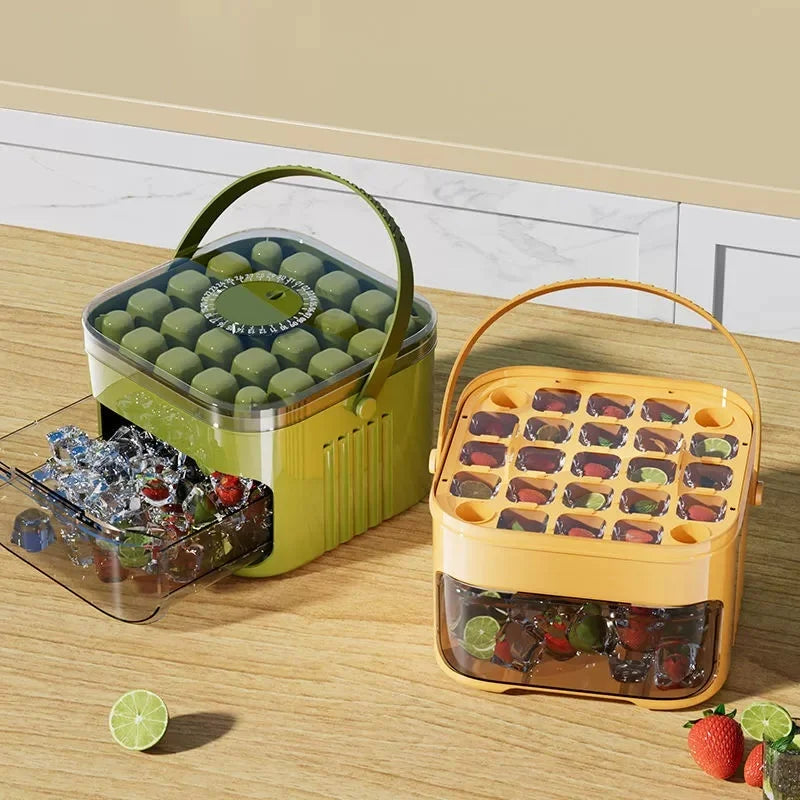 Compact Double Layer Ice Cube Tray with Lid and Bin, Pull-Out Ice Drawer with Portable Handle, Kitchen Accessories, Gadgets
