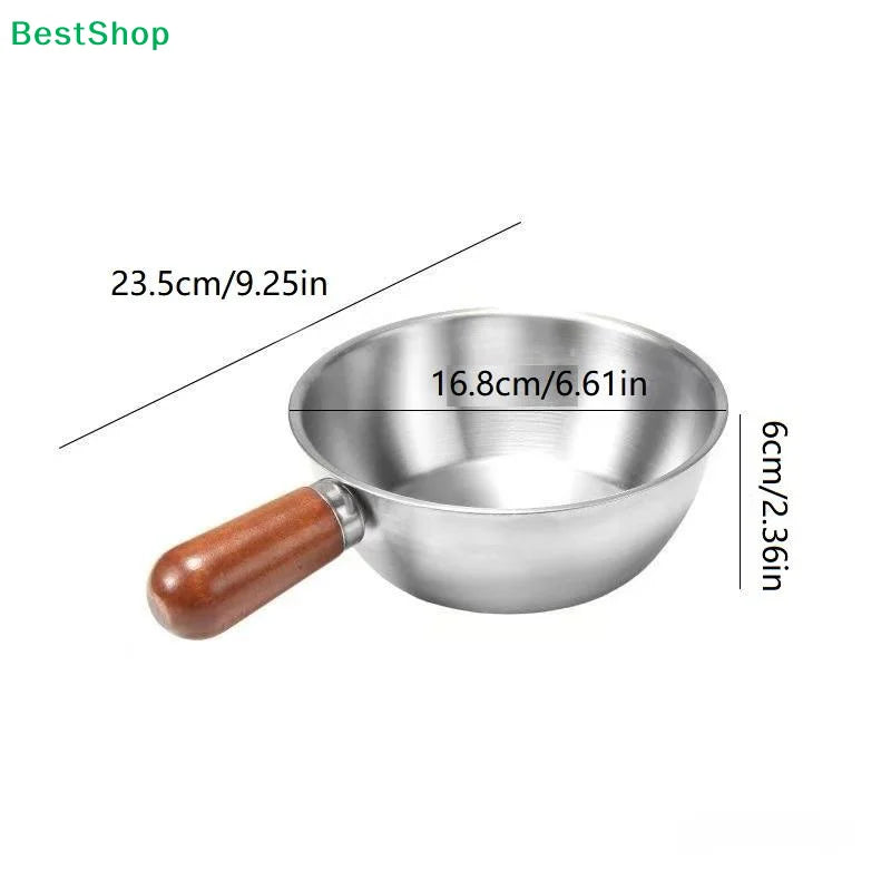 ♥Stainless Steel Cooking Pans with Wooden Handle & Glass Lid - Multi-Purpose Small Pots for Noodles/Eggs