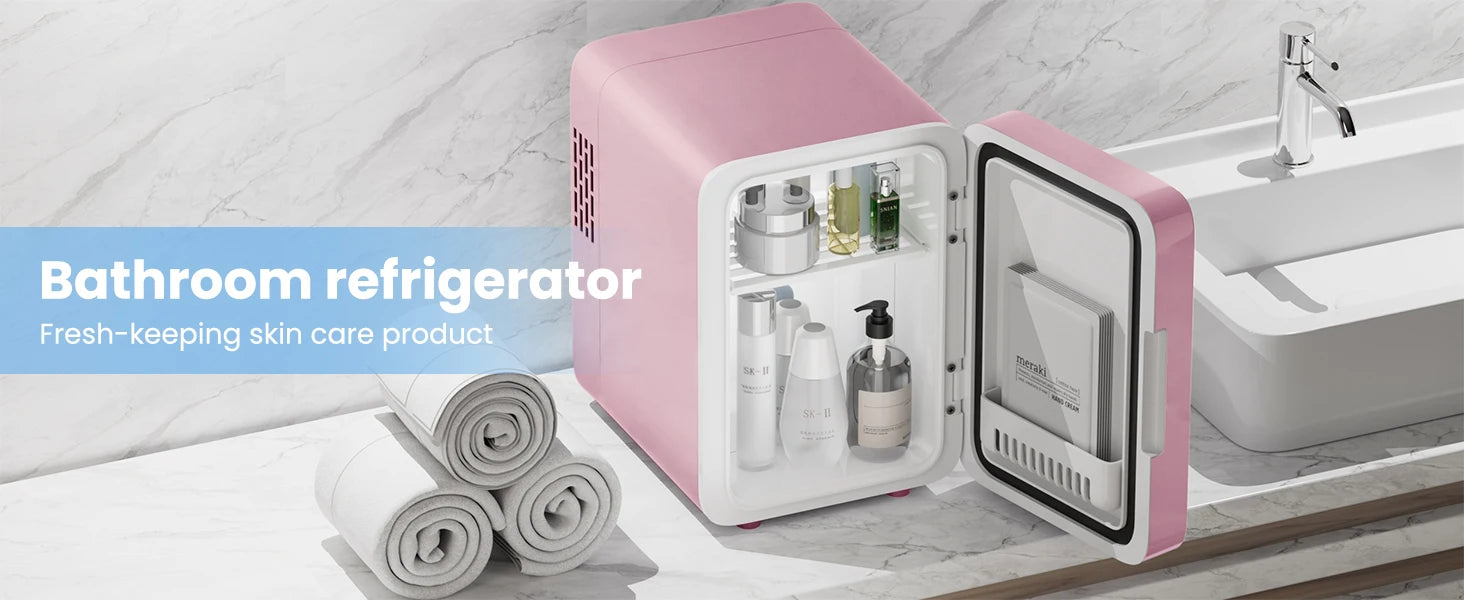 Skincare Fridge with Dimmable LED Light Mirror, 4L Makeup Mini Fridge for Bedroom, Car