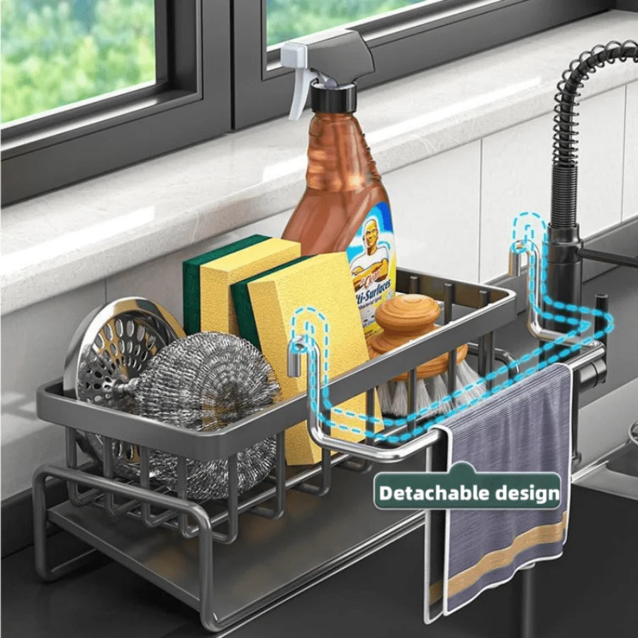 Stainless Steel Kitchen Sink Organizer - Multi-Functional Over Sink Drain Rack for Faucet Area, Rag & Sponge Storage