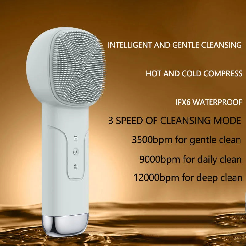 6 in 1 Sonic Facial Cleansing Brush with Thermal Function, Waterproof Skin Cooling Massager, Silicone Facial Cleansing Device
