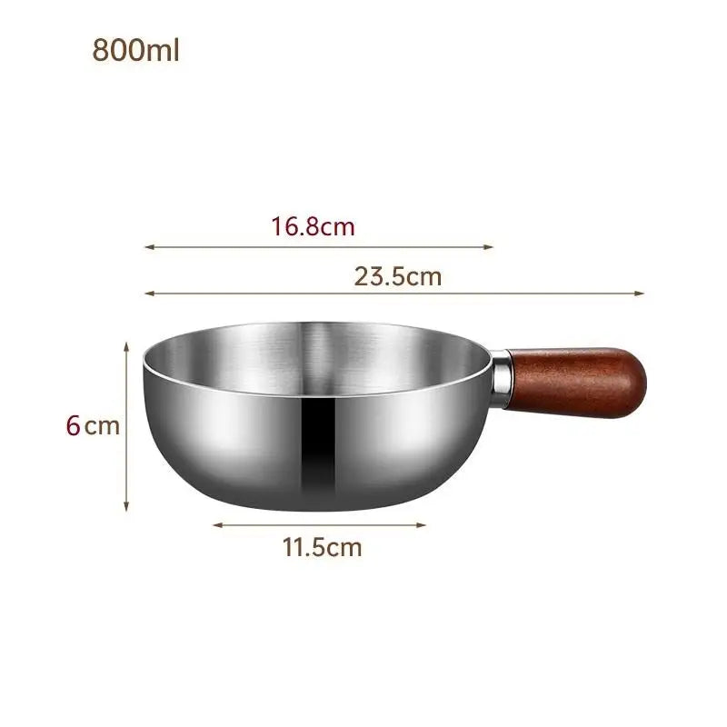 ♥Stainless Steel Cooking Pans with Wooden Handle & Glass Lid - Multi-Purpose Small Pots for Noodles/Eggs