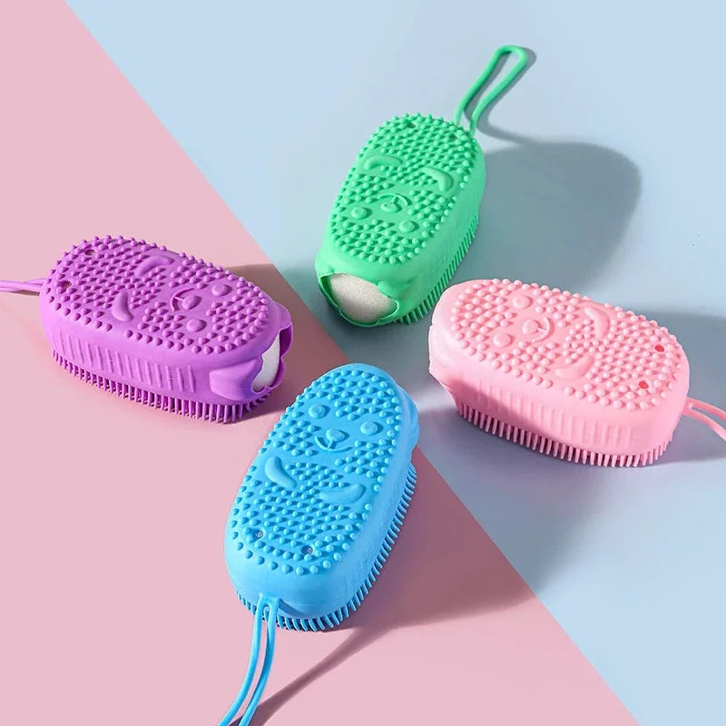 Double Side Silicone Bubble Bath Body Brush with Soap Storage Sponge Massage Scalp Scrubber Skin Clean Exfoliating