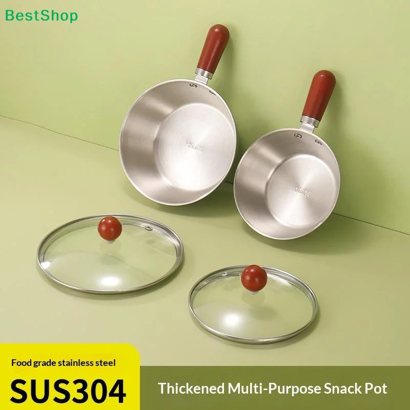 ♥Stainless Steel Cooking Pans with Wooden Handle & Glass Lid - Multi-Purpose Small Pots for Noodles/Eggs