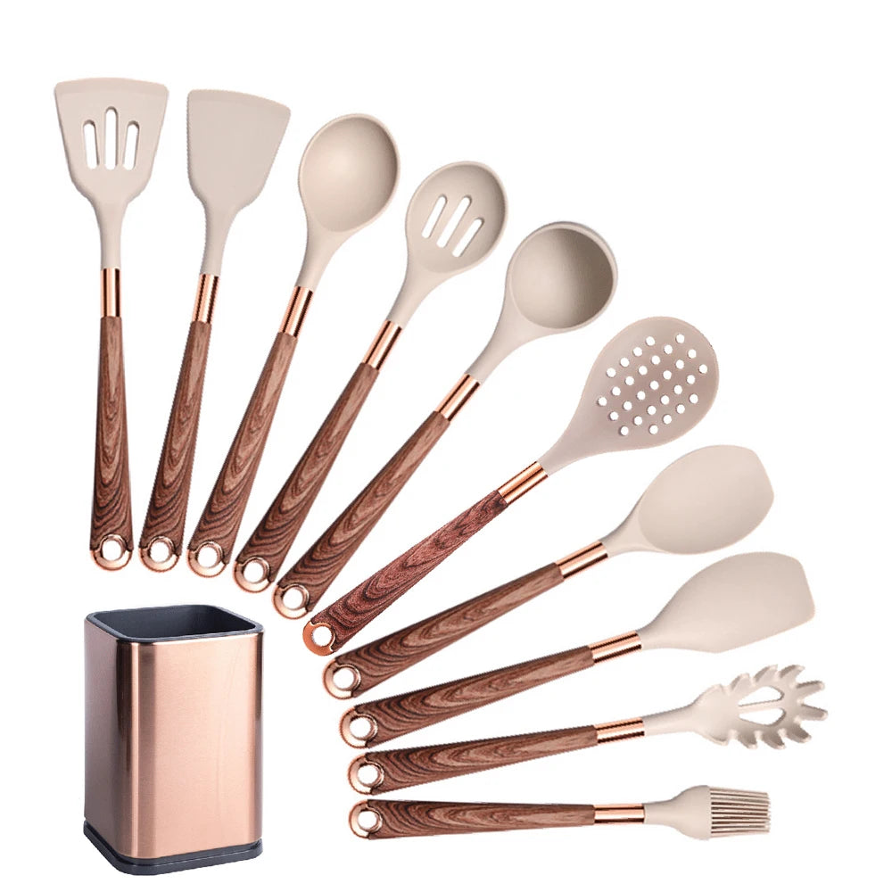 Silicone Cooking Utensils Set Kitchen Heat Resistant Rose Gold-Plated Handle Non-Stick Spatula, Spoon, Quality Gift, 5-13 Pcs