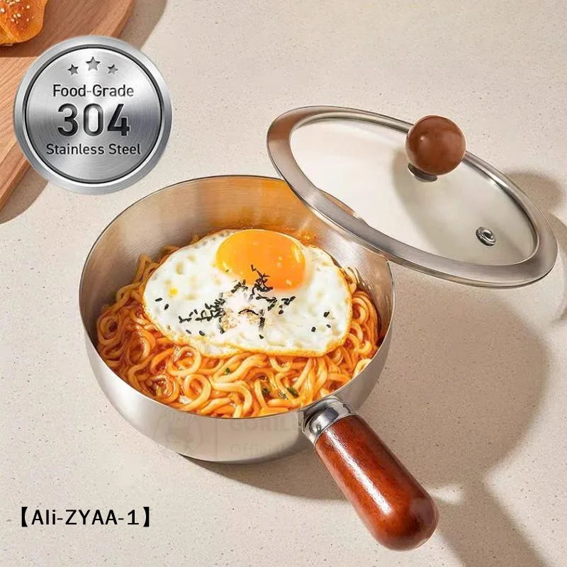【A】17cm/14cm Stainless Steel Cooking Pans With Wooden Handle & Glass Lid - Multi-Purpose Small Pots For Noodles And Eggs