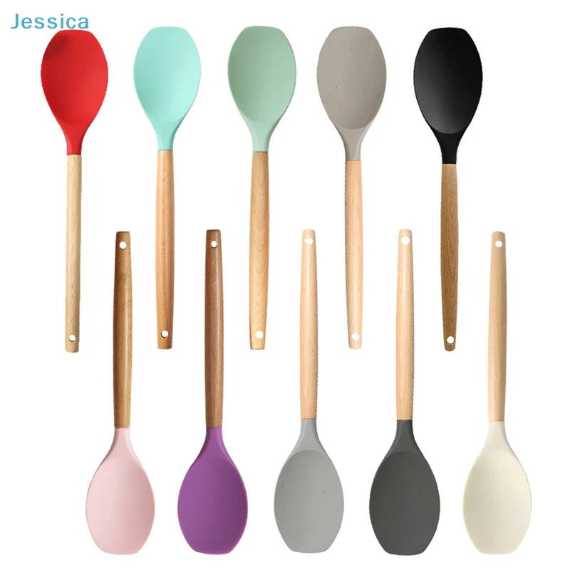 ♥Silicone Cooking Utensils with Wooden Handle – Heat-Resistant Spatula & Spoon for Non-Stick Pans